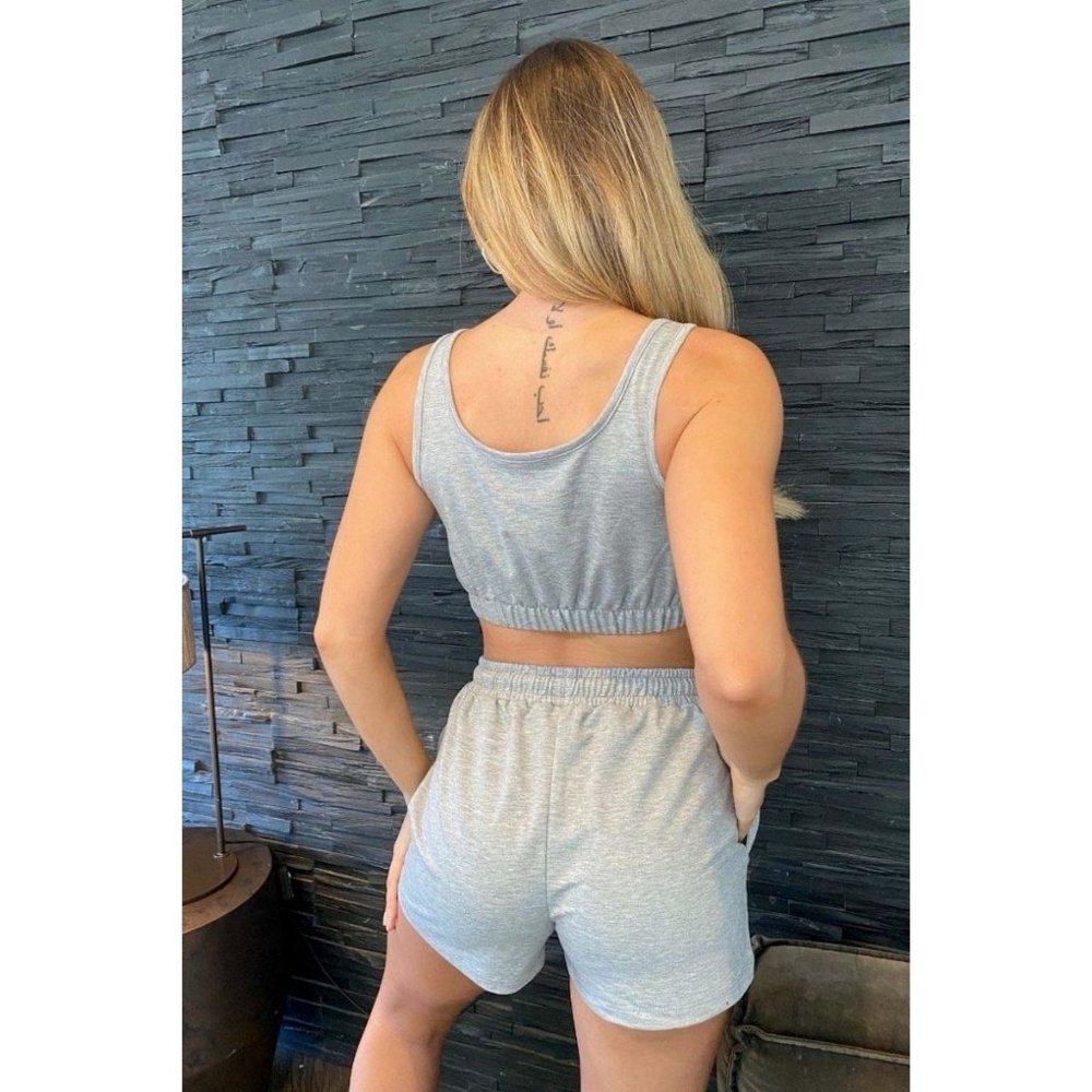 Gray Sleeveless Crop Top and High Waist Shorts Two Piece Set - Picture 6 of 12